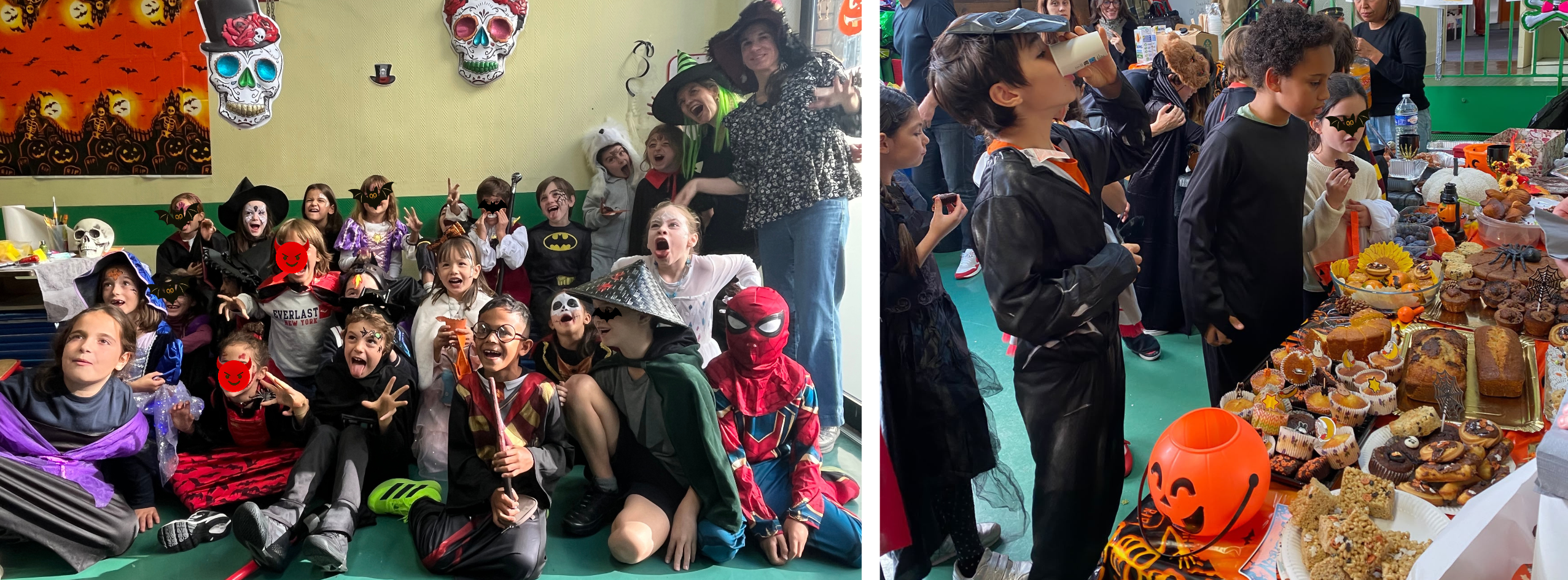 1 Halloween - Partie 1 Élèves du primaire d'Eurécole à Paris déguisés pour Halloween autour d'un buffet de gâteaux et de friandises.