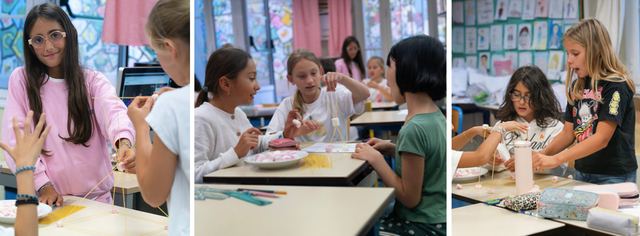 10 Sciences en anglais - Partie 3 Élèves d'Eurécole relevant un défi de construction en anglais avec des spaghettis et des chamallows pour développer leur esprit d'équipe.