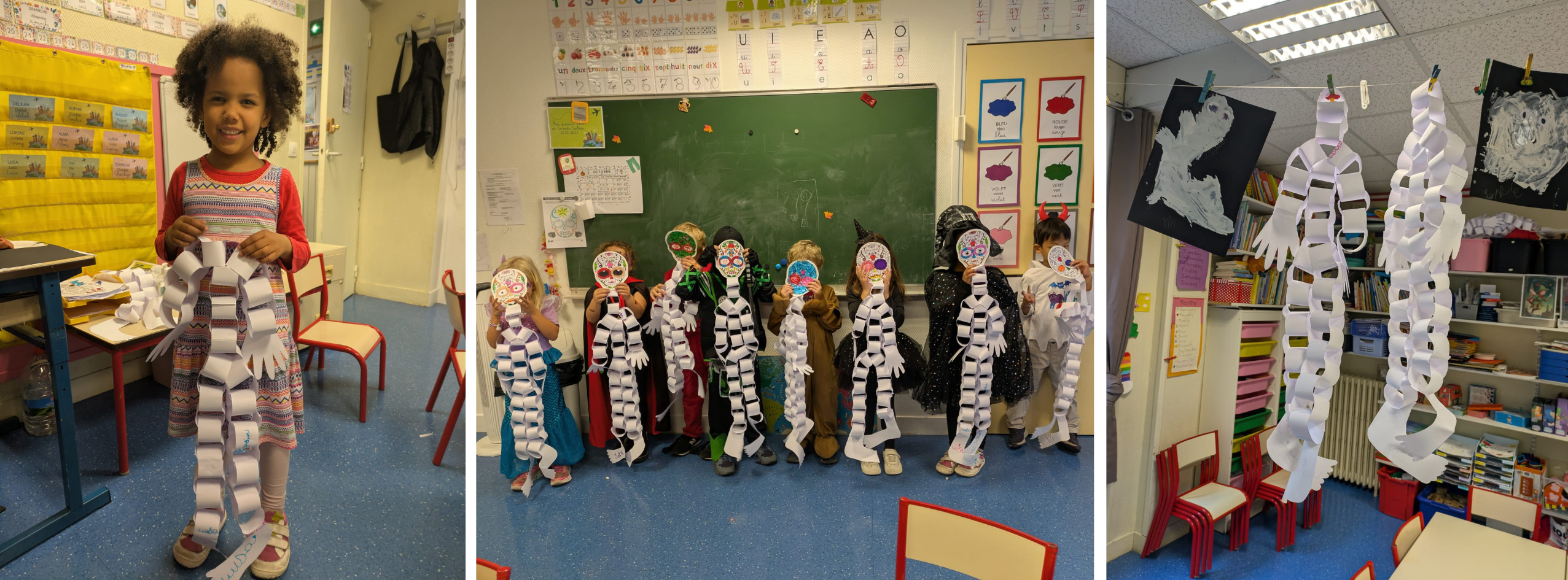 12 Halloween Crafts Maternelle Enfants de maternelle d'Eurécole réalisant des fantômes et des squelettes en papier pendant une activité créative en anglais pour Halloween.