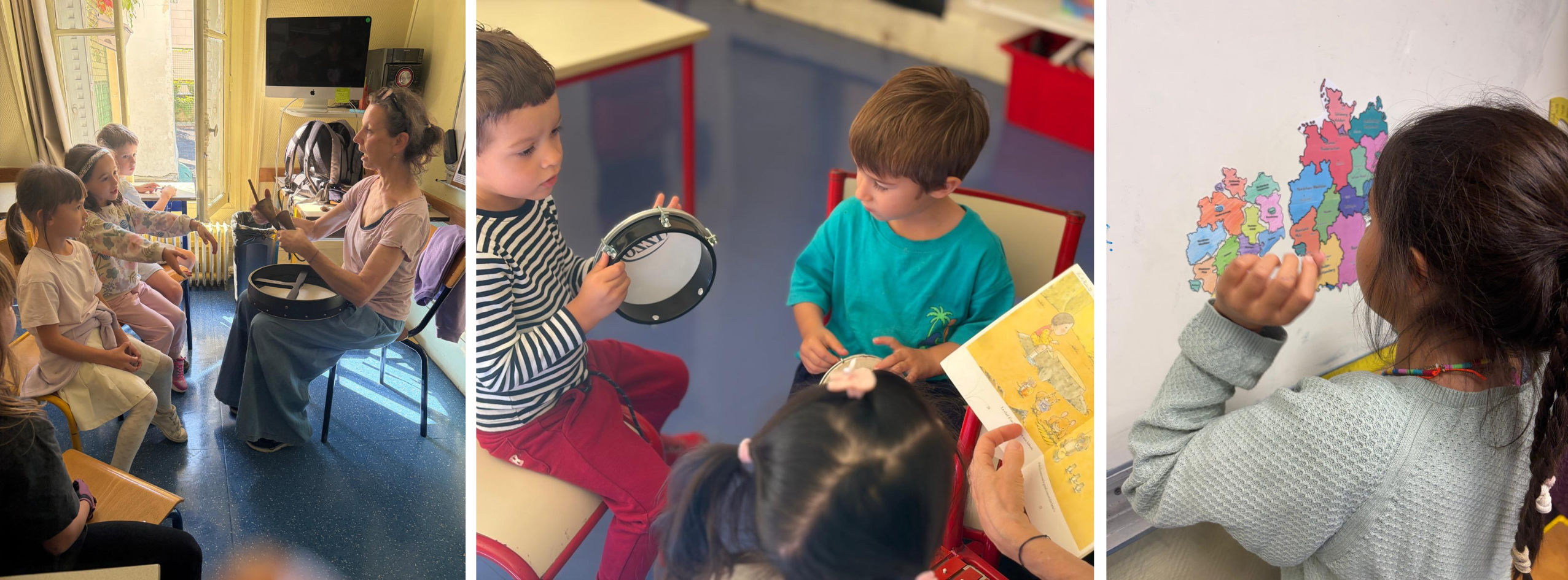 14 Musique, culture et découvertes en allemand - Partie 2 Enfants du primaire d'Eurécole participant à une histoire musicale en allemand et découvrant les Länder sur une carte de l'Allemagne.