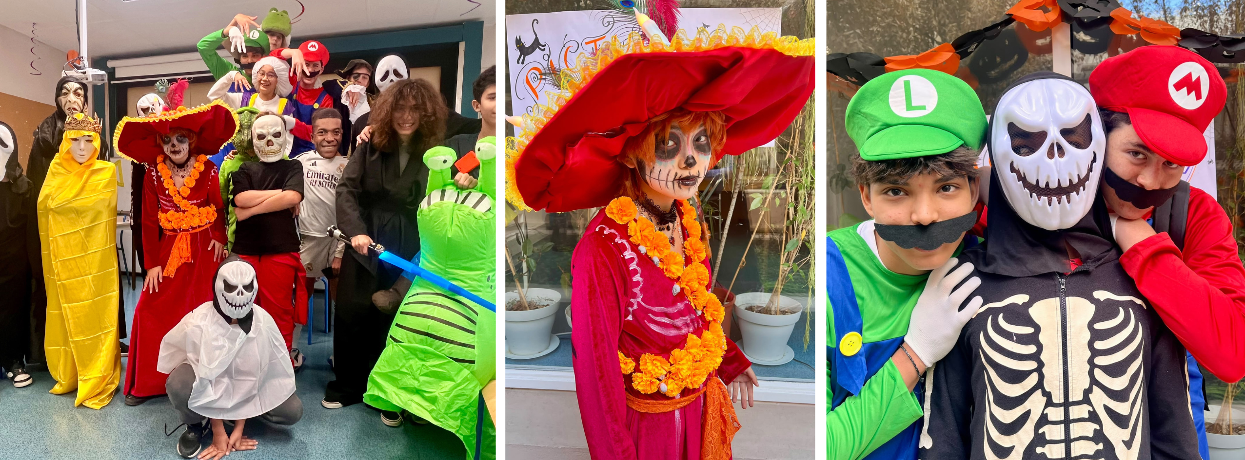 2 Halloween - Partie 2 Collégiens d'Eurécole déguisés pour Halloween, avec des costumes de squelettes, pirates et personnages de jeux vidéo.