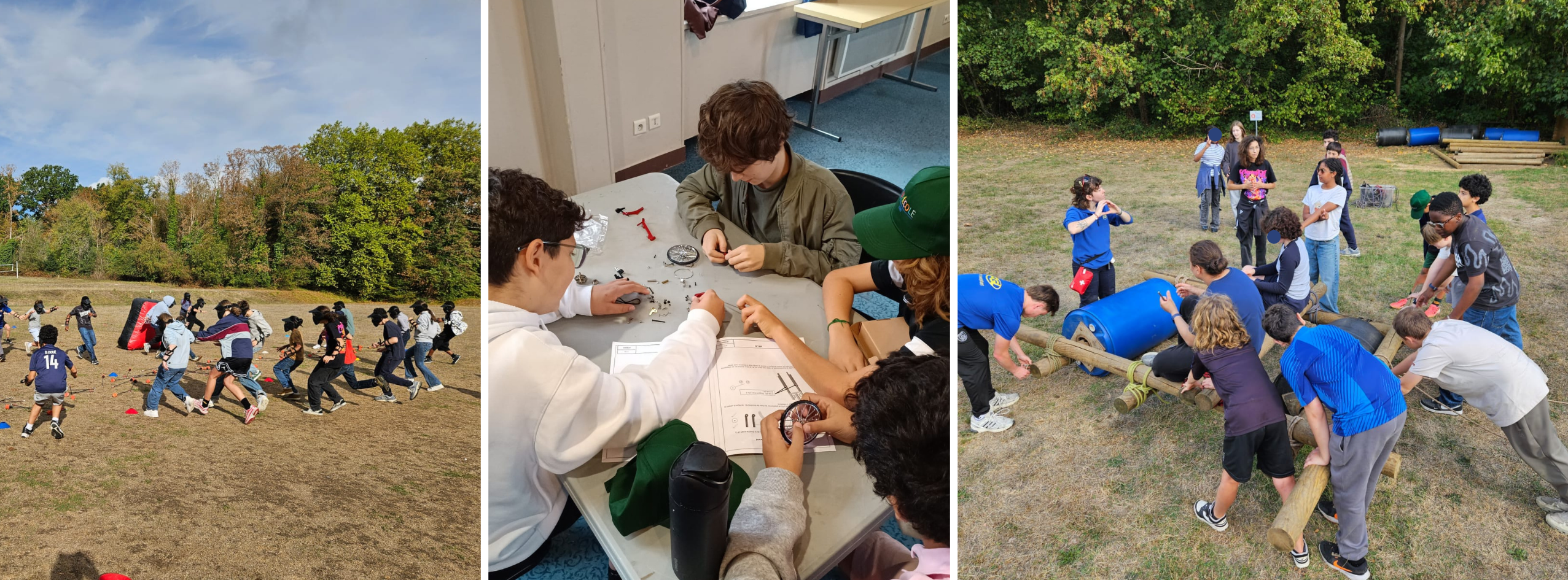 6 Semaine d'intégration collège - Partie 1 Collégiens d'Eurécole participant à des activités sportives et à des défis collectifs en plein air pendant leur semaine d'intégration.