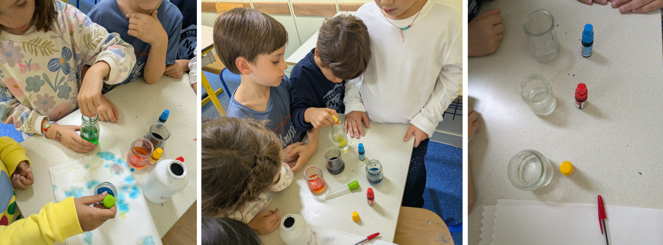 8 Sciences en anglais - Partie 1 Élèves d'Eurécole réalisant une expérience scientifique en anglais sur le mélange des couleurs primaires.