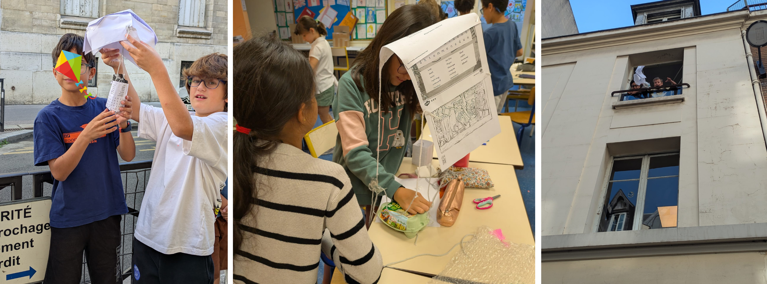 9 Sciences en anglais - Partie 2 Élèves du primaire d'Eurécole fabriquant et testant des parachutes avec des œufs lors d'une activité scientifique en anglais.
